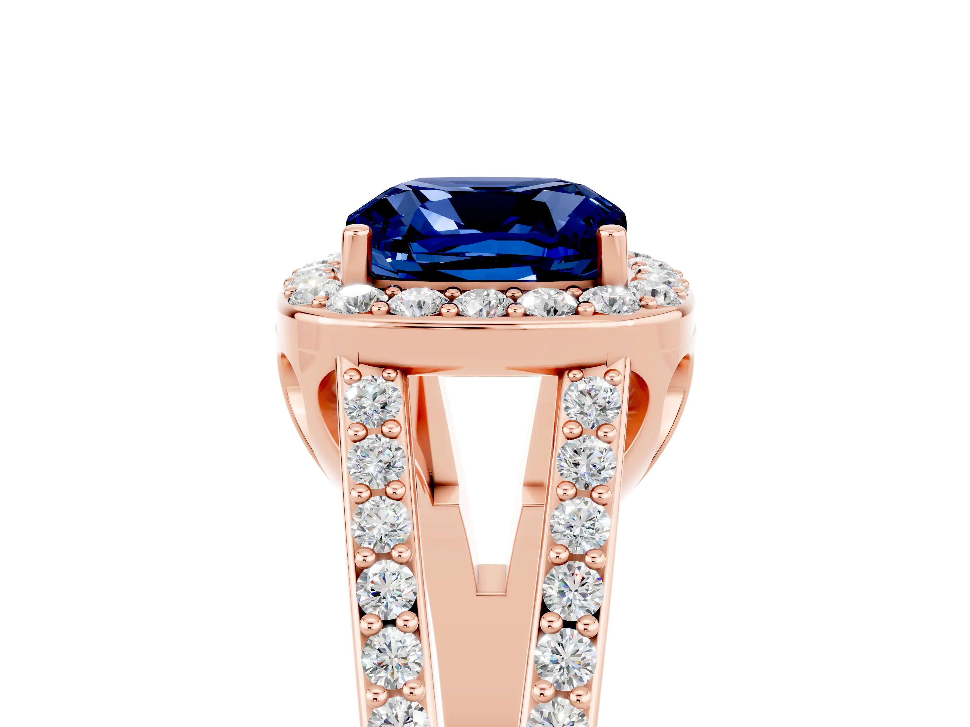 Rose gold Cushion Cut Blue Sapphire Halo Ring with Split Shank U-Prong Band and Four-Prong Setting_5