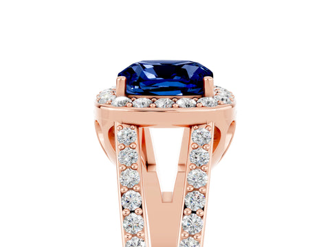 Rose gold Cushion Cut Blue Sapphire Halo Ring with Split Shank U-Prong Band and Four-Prong Setting_5