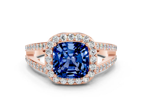 Rose gold Cushion Cut Blue Sapphire Halo Ring with Split Shank U-Prong Band and Four-Prong Setting