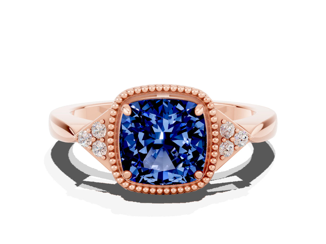 Rose gold Cushion Cut Blue Sapphire Halo Ring with Tapered Band and Four-Prong Setting