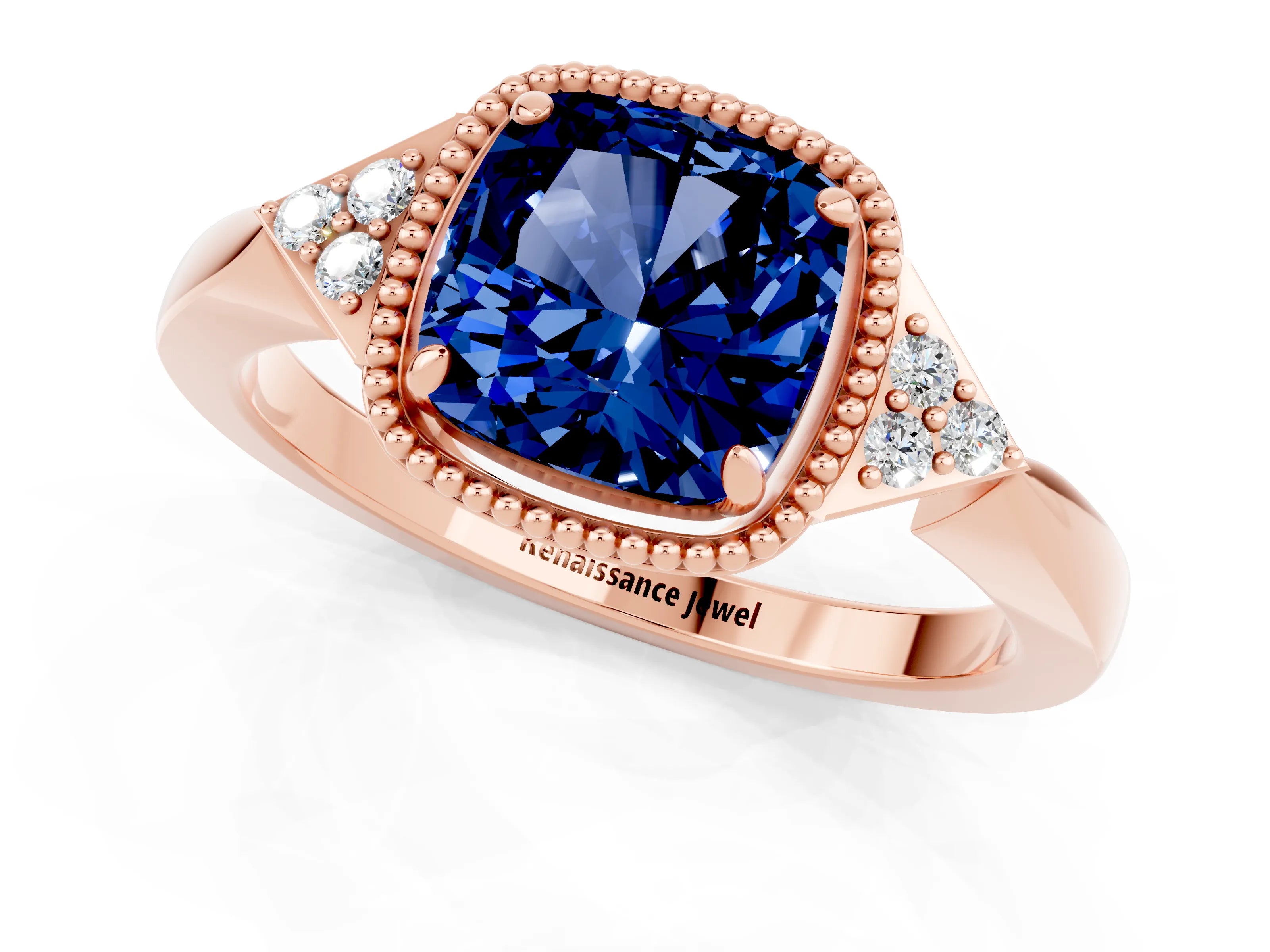 Rose gold Cushion Cut Blue Sapphire Halo Ring with Tapered Band and Four-Prong Setting_1