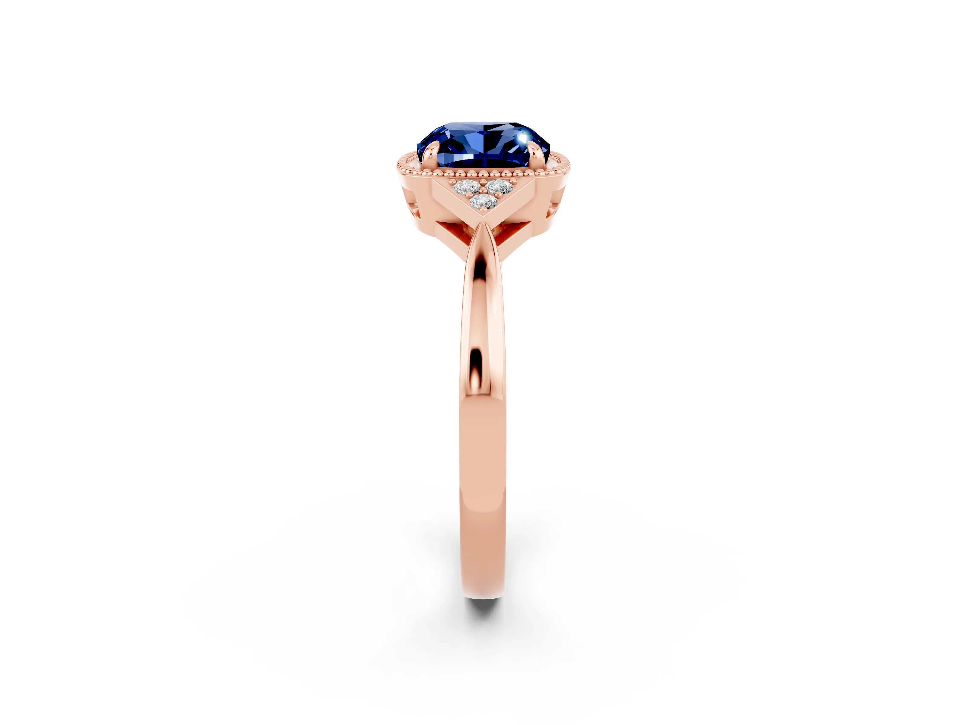 Rose gold Cushion Cut Blue Sapphire Halo Ring with Tapered Band and Four-Prong Setting_2