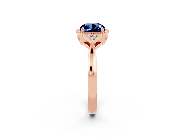 Rose gold Cushion Cut Blue Sapphire Halo Ring with Tapered Band and Four-Prong Setting