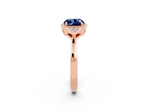 Rose gold Cushion Cut Blue Sapphire Halo Ring with Tapered Band and Four-Prong Setting_2