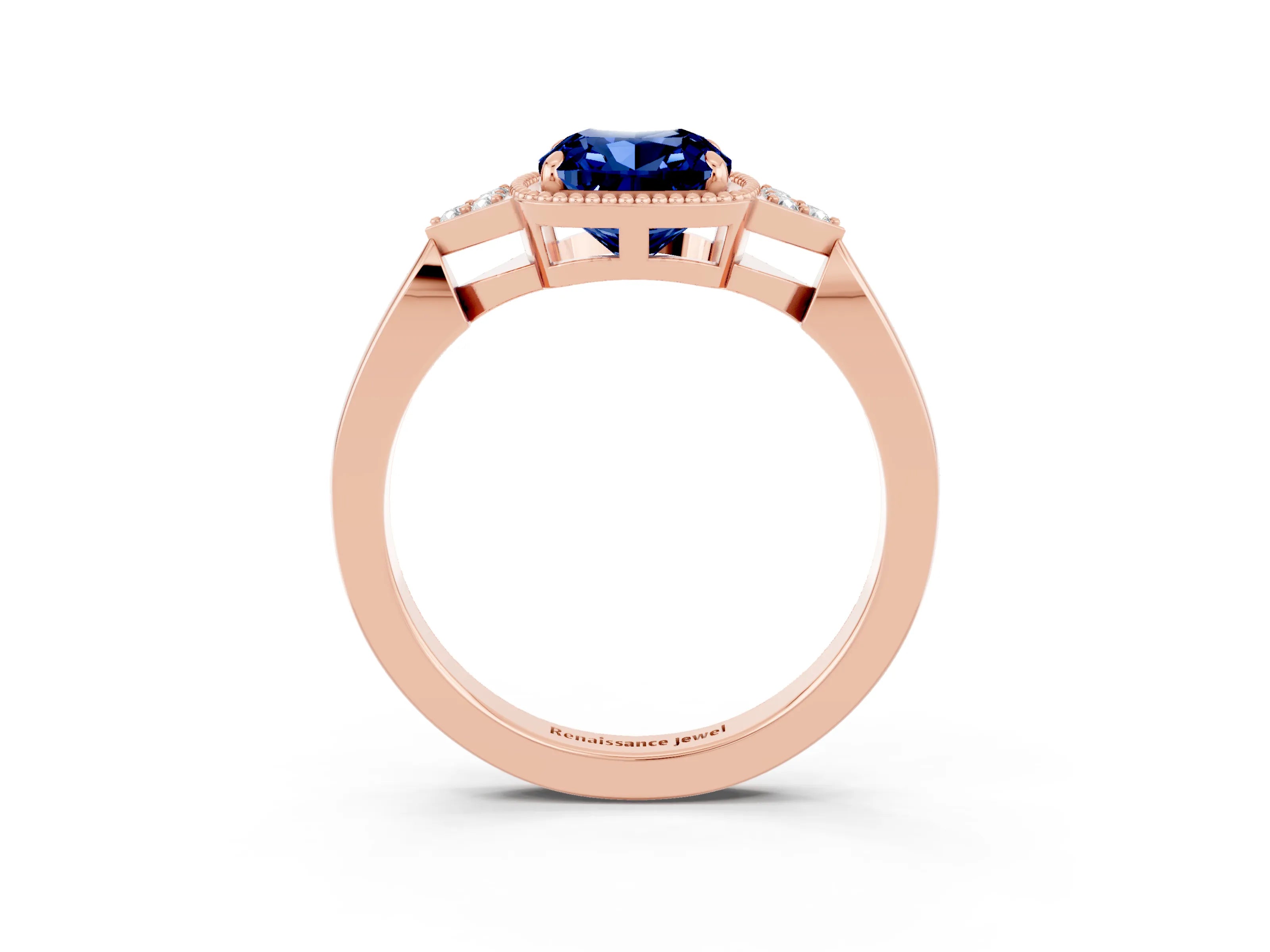 Rose gold Cushion Cut Blue Sapphire Halo Ring with Tapered Band and Four-Prong Setting_3