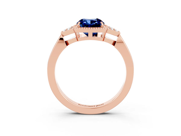 Rose gold Cushion Cut Blue Sapphire Halo Ring with Tapered Band and Four-Prong Setting