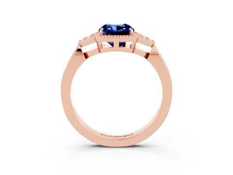 Rose gold Cushion Cut Blue Sapphire Halo Ring with Tapered Band and Four-Prong Setting_3