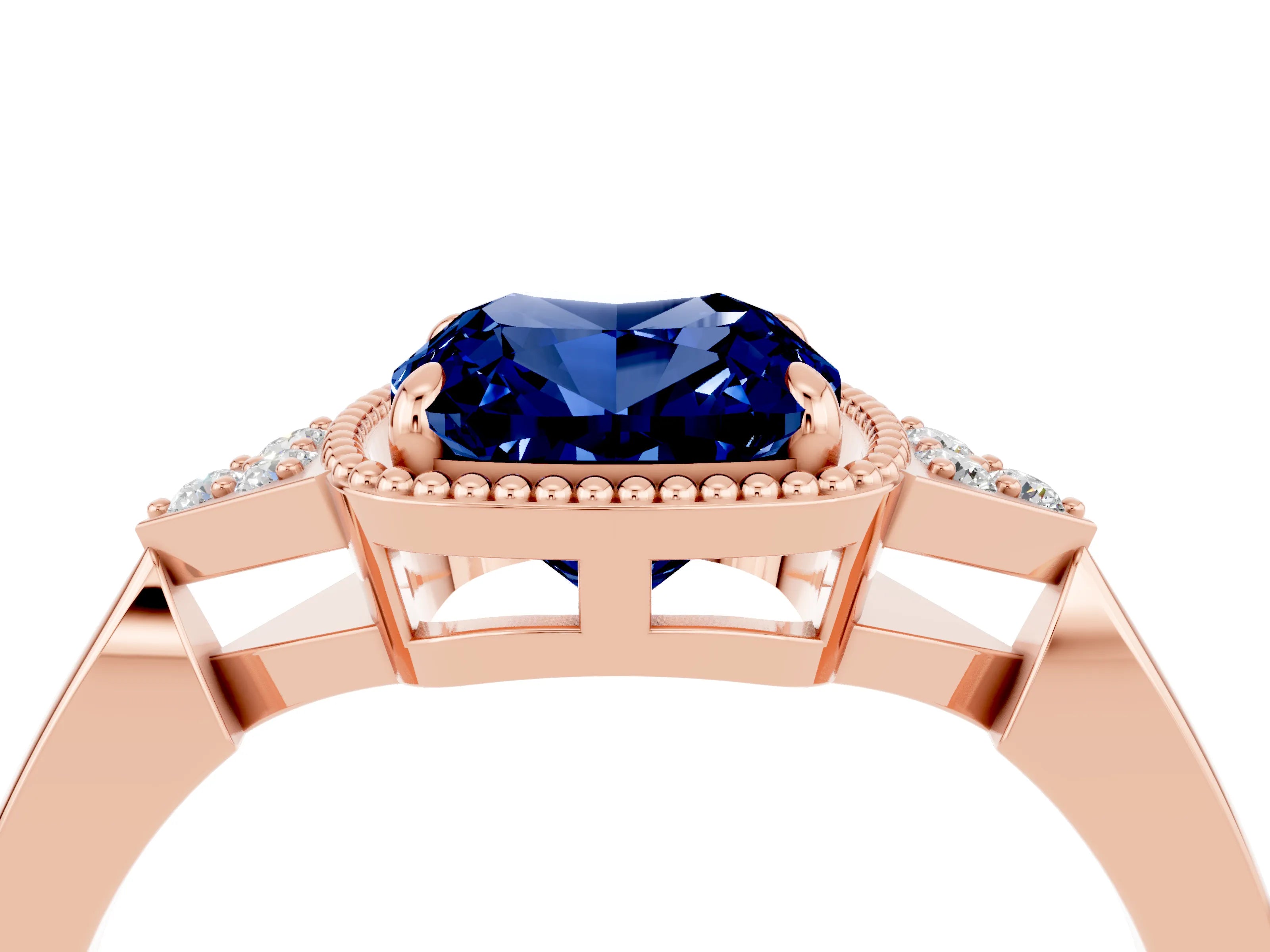 Rose gold Cushion Cut Blue Sapphire Halo Ring with Tapered Band and Four-Prong Setting_4