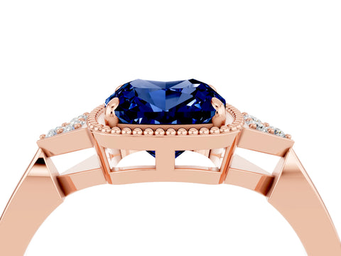 Rose gold Cushion Cut Blue Sapphire Halo Ring with Tapered Band and Four-Prong Setting_4