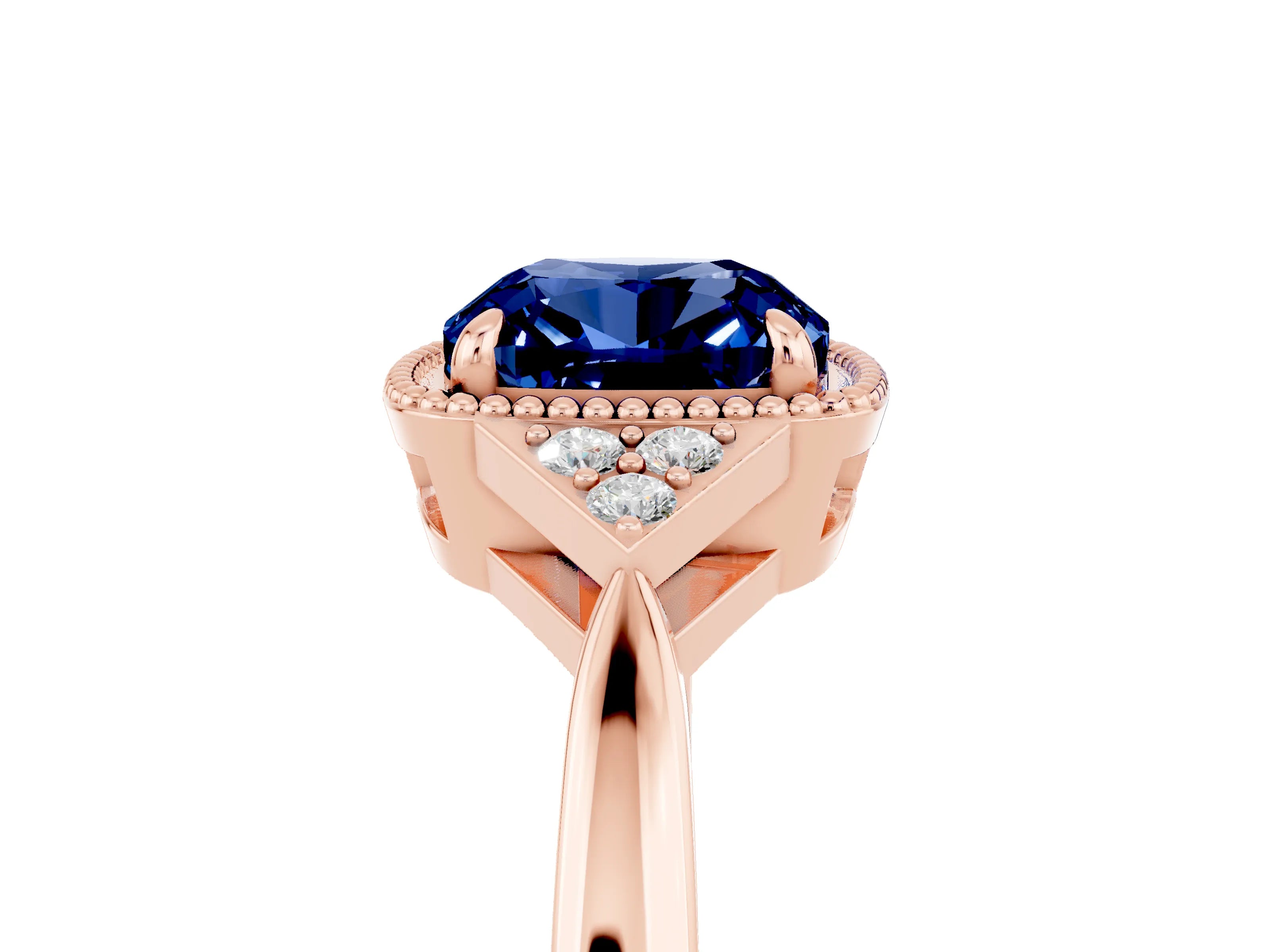 Rose gold Cushion Cut Blue Sapphire Halo Ring with Tapered Band and Four-Prong Setting_5