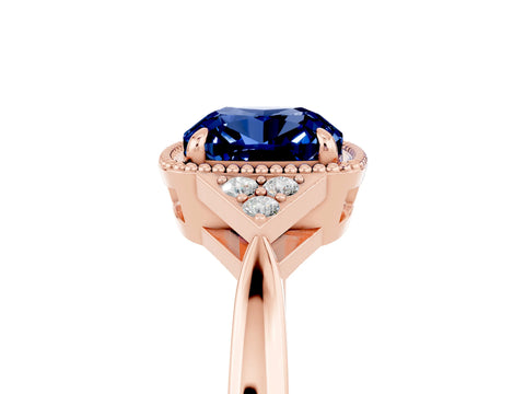 Rose gold Cushion Cut Blue Sapphire Halo Ring with Tapered Band and Four-Prong Setting_5