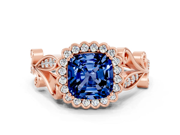 Rose gold Cushion Cut Blue Sapphire Halo Ring with Vintage Split Shank and Four-Prong Setting