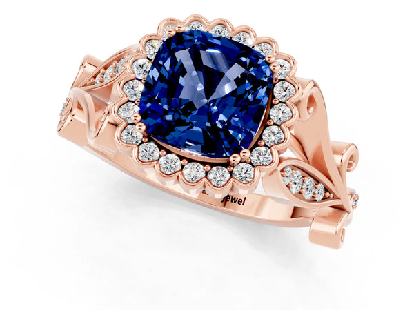 Rose gold Cushion Cut Blue Sapphire Halo Ring with Vintage Split Shank and Four-Prong Setting
