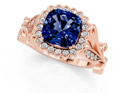 Rose gold Cushion Cut Blue Sapphire Halo Ring with Vintage Split Shank and Four-Prong Setting_1