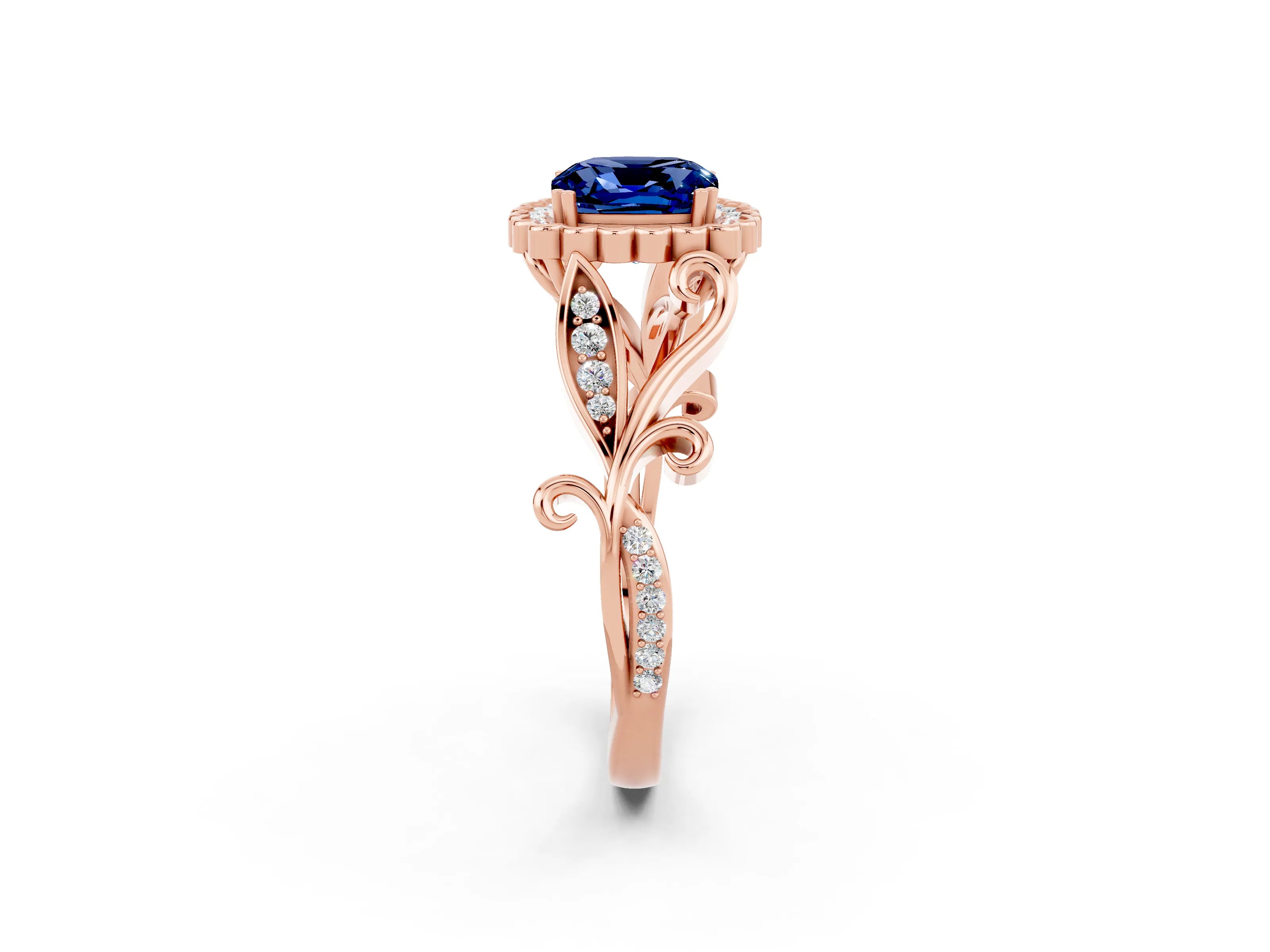 Rose gold Cushion Cut Blue Sapphire Halo Ring with Vintage Split Shank and Four-Prong Setting_2