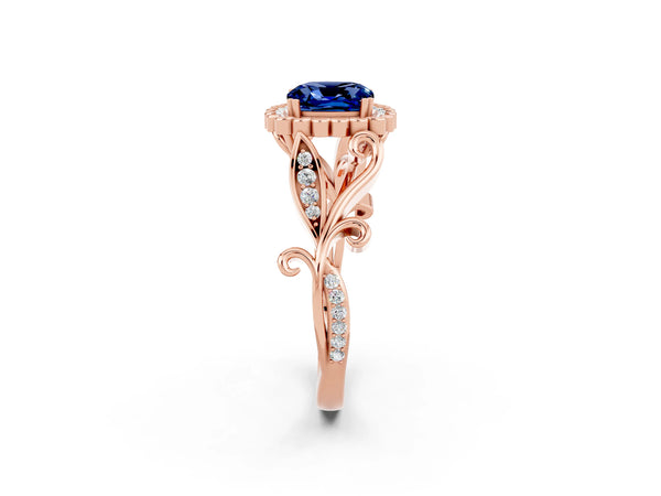 Rose gold Cushion Cut Blue Sapphire Halo Ring with Vintage Split Shank and Four-Prong Setting