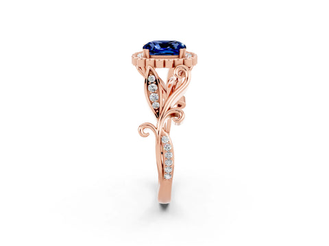 Rose gold Cushion Cut Blue Sapphire Halo Ring with Vintage Split Shank and Four-Prong Setting_2