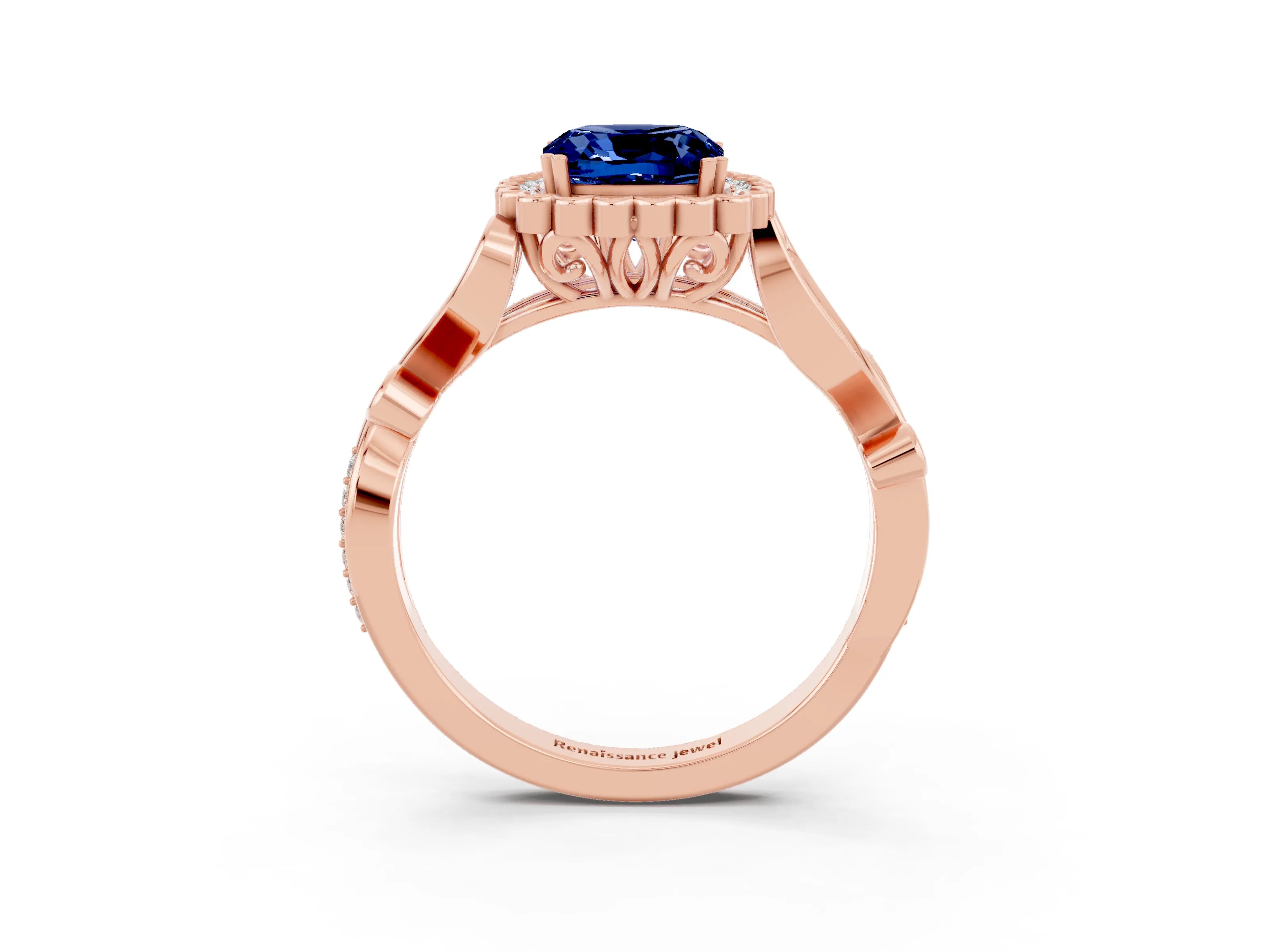 Rose gold Cushion Cut Blue Sapphire Halo Ring with Vintage Split Shank and Four-Prong Setting_3