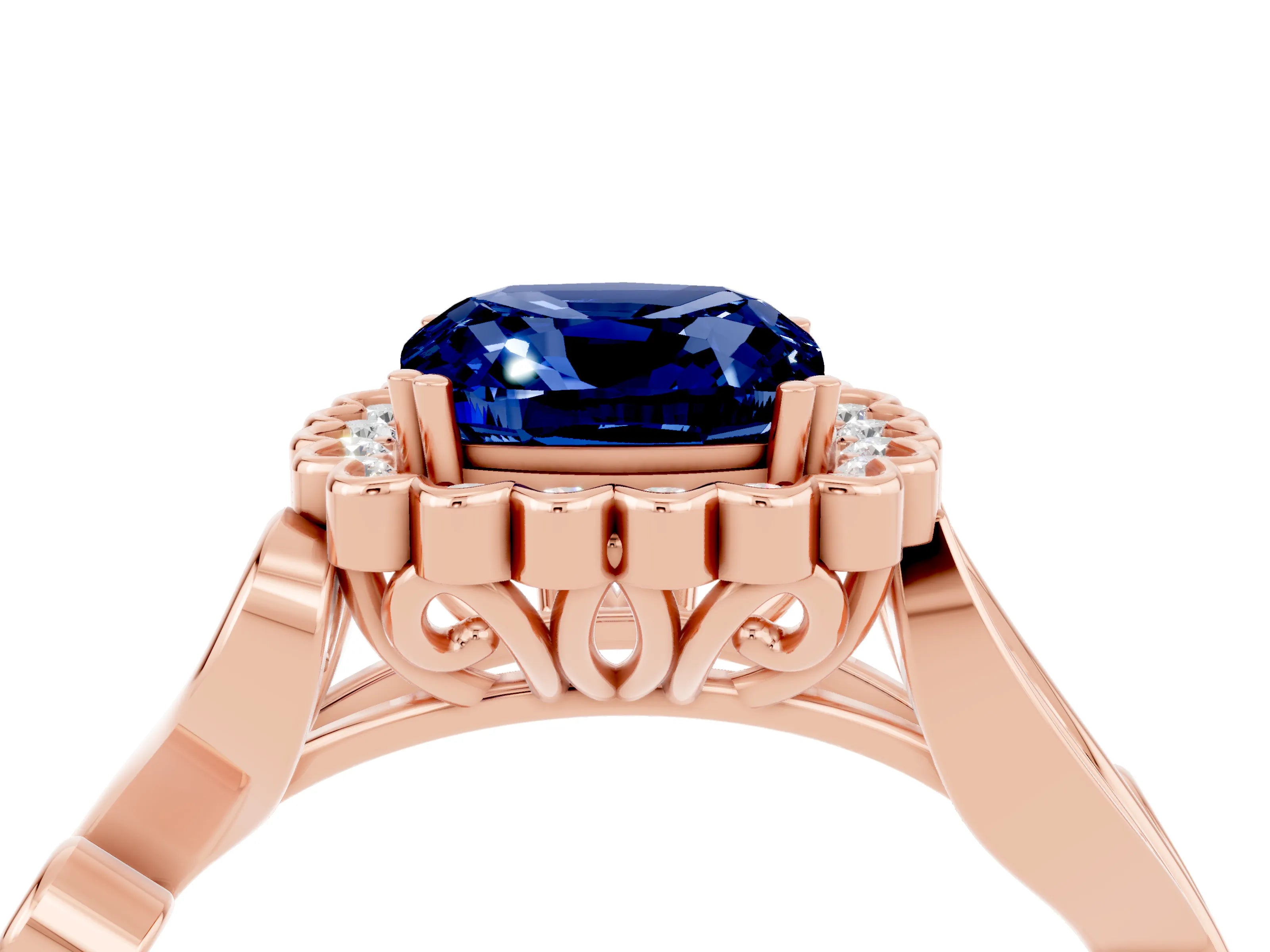 Rose gold Cushion Cut Blue Sapphire Halo Ring with Vintage Split Shank and Four-Prong Setting_4