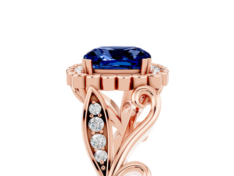 Rose gold Cushion Cut Blue Sapphire Halo Ring with Vintage Split Shank and Four-Prong Setting_5