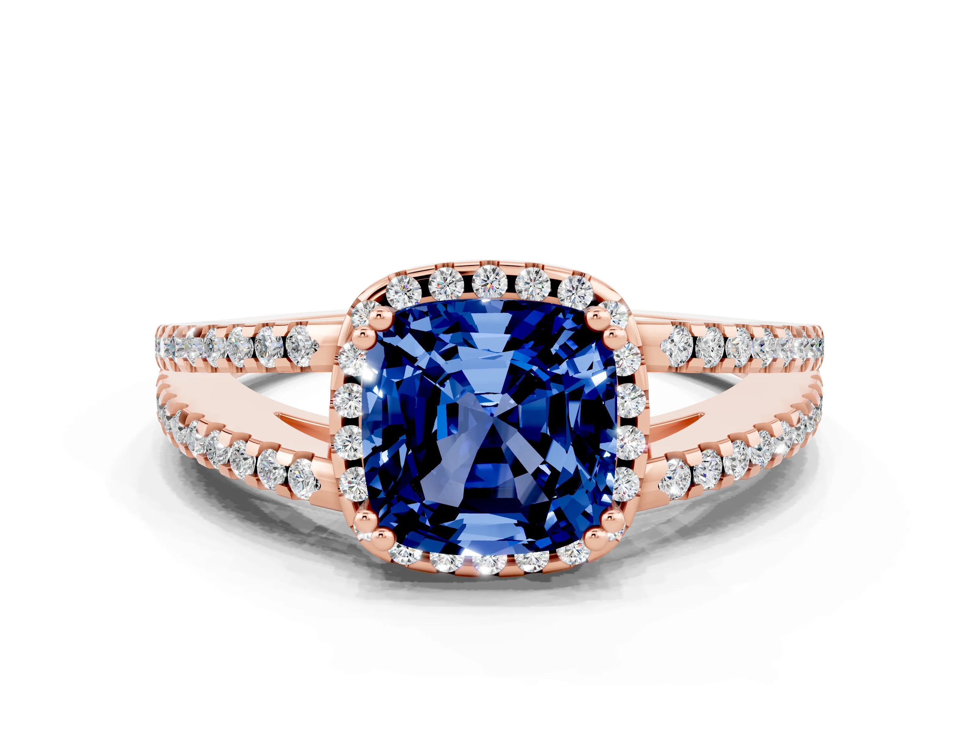 Rose gold Cushion Cut Blue Sapphire Halo Split Shank Engagement Ring_12