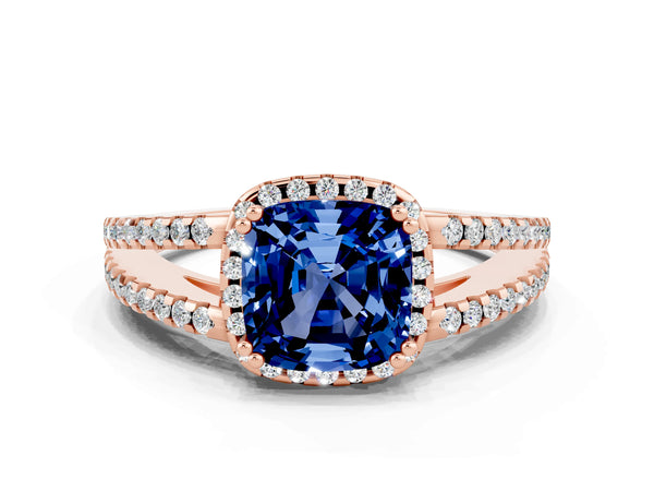 Rose gold Cushion Cut Blue Sapphire Halo Split Shank Engagement Ring