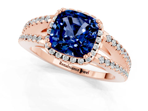 Rose gold Cushion Cut Blue Sapphire Halo Split Shank Engagement Ring_13