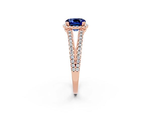 Rose gold Cushion Cut Blue Sapphire Halo Split Shank Engagement Ring