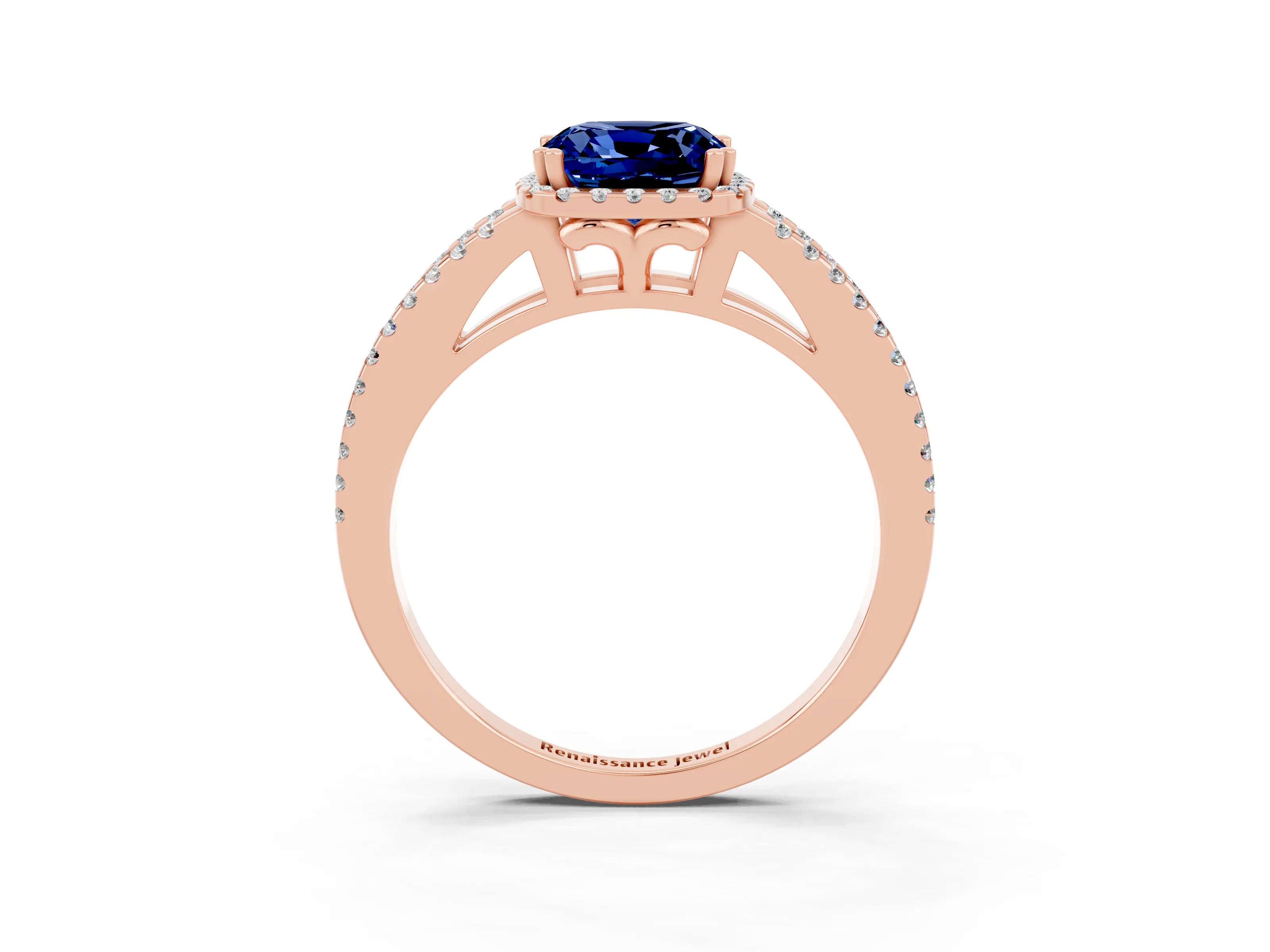 Rose gold Cushion Cut Blue Sapphire Halo Split Shank Engagement Ring_15
