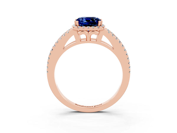 Rose gold Cushion Cut Blue Sapphire Halo Split Shank Engagement Ring