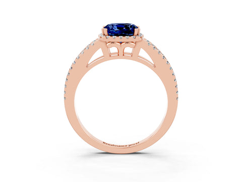 Rose gold Cushion Cut Blue Sapphire Halo Split Shank Engagement Ring_15