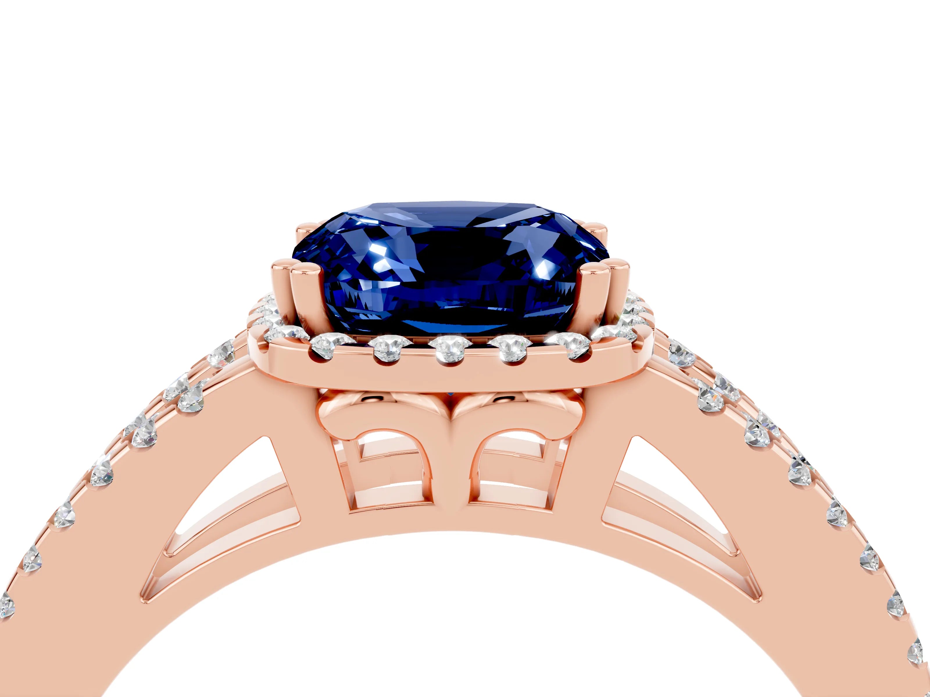 Rose gold Cushion Cut Blue Sapphire Halo Split Shank Engagement Ring_16