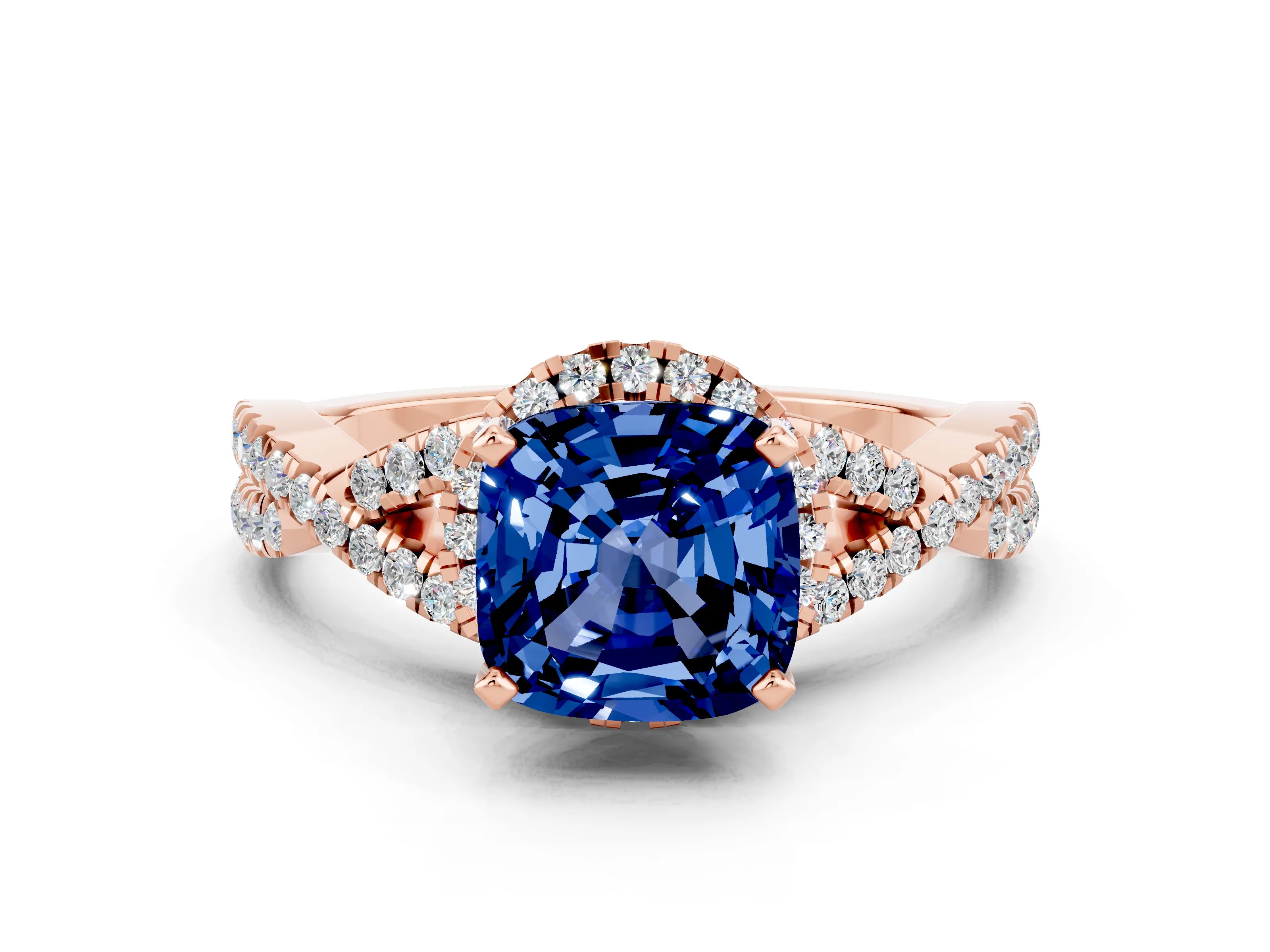 Rose gold Cushion Cut Blue Sapphire Halo Twist Band Solitaire Prong Setting Ring