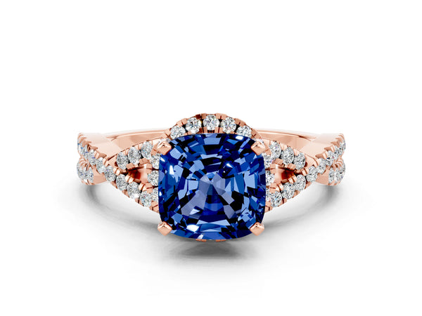 Rose gold Cushion Cut Blue Sapphire  Halo Twist Band Solitaire Prong Setting Ring