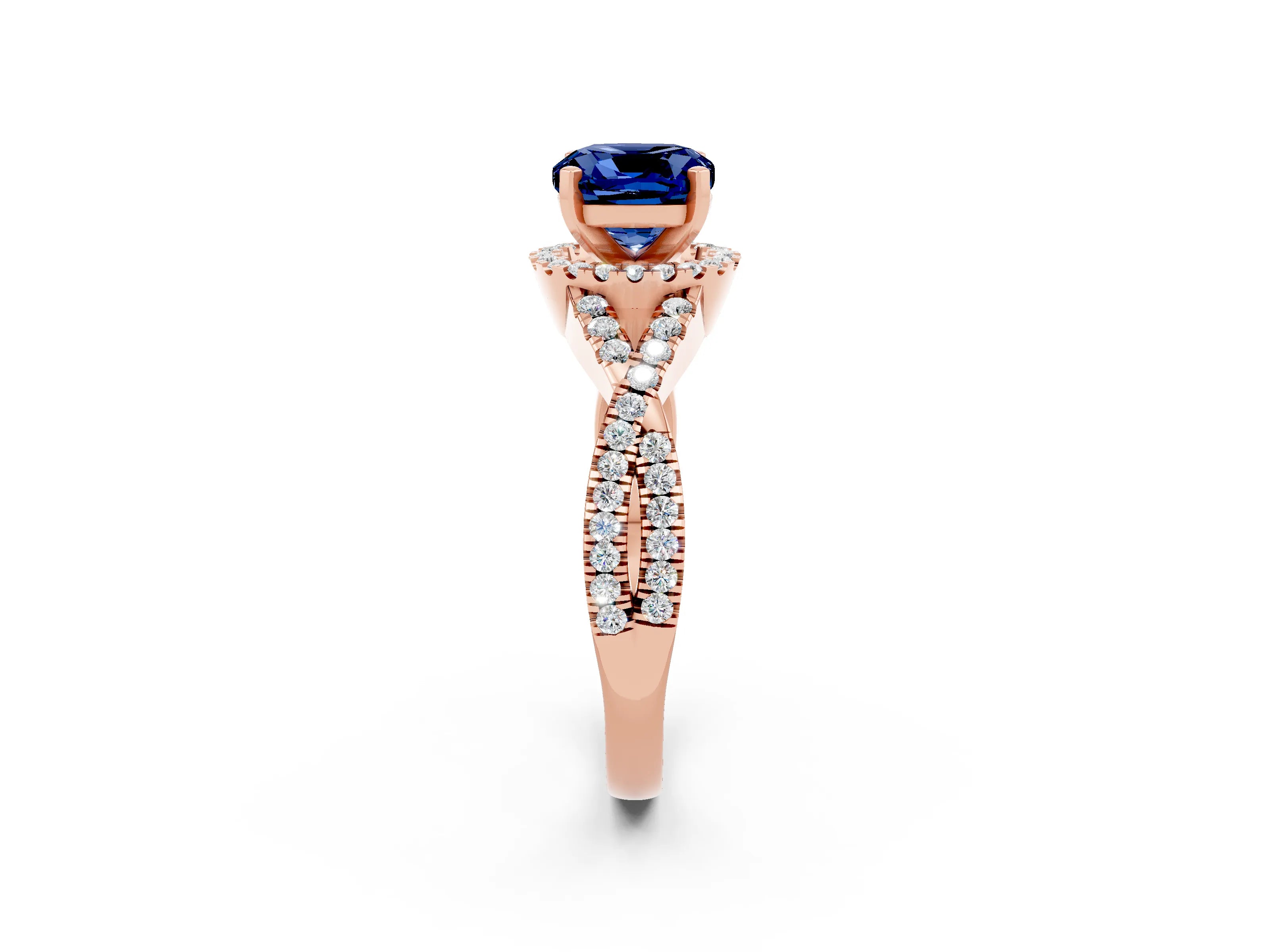 Rose gold Cushion Cut Blue Sapphire Halo Twist Band Solitaire Prong Setting Ring_2