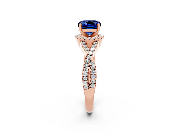 Rose gold Cushion Cut Blue Sapphire  Halo Twist Band Solitaire Prong Setting Ring