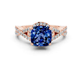 Rose gold Cushion Cut Blue Sapphire  Halo Twist Band Solitaire Prong Setting Ring_24