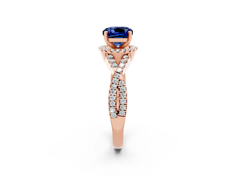 Rose gold Cushion Cut Blue Sapphire Halo Twist Band Solitaire Prong Setting Ring_2