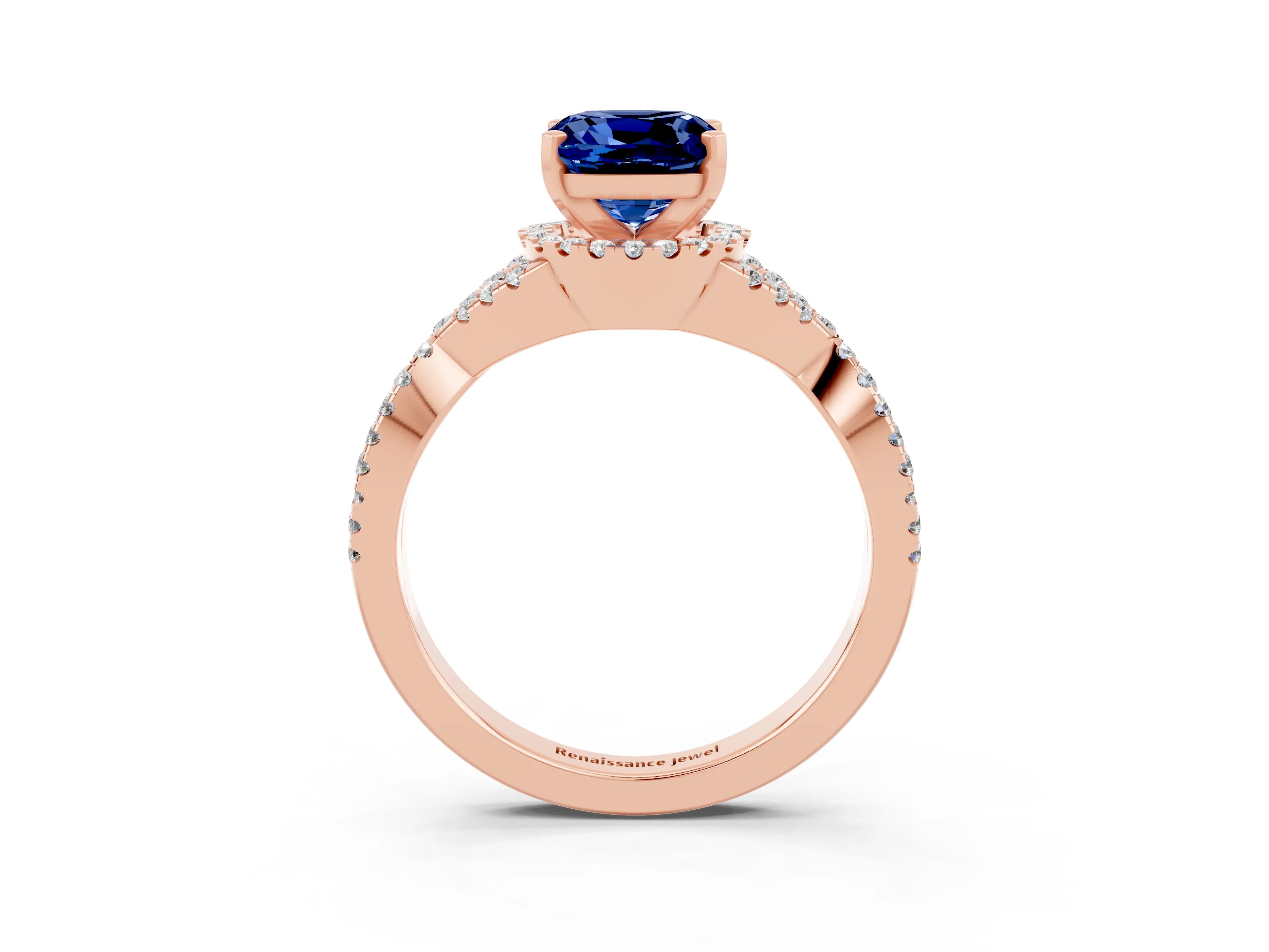 Rose gold Cushion Cut Blue Sapphire Halo Twist Band Solitaire Prong Setting Ring_3