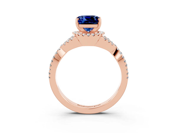 Rose gold Cushion Cut Blue Sapphire  Halo Twist Band Solitaire Prong Setting Ring