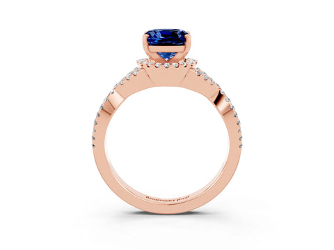 Rose gold Cushion Cut Blue Sapphire Halo Twist Band Solitaire Prong Setting Ring_3