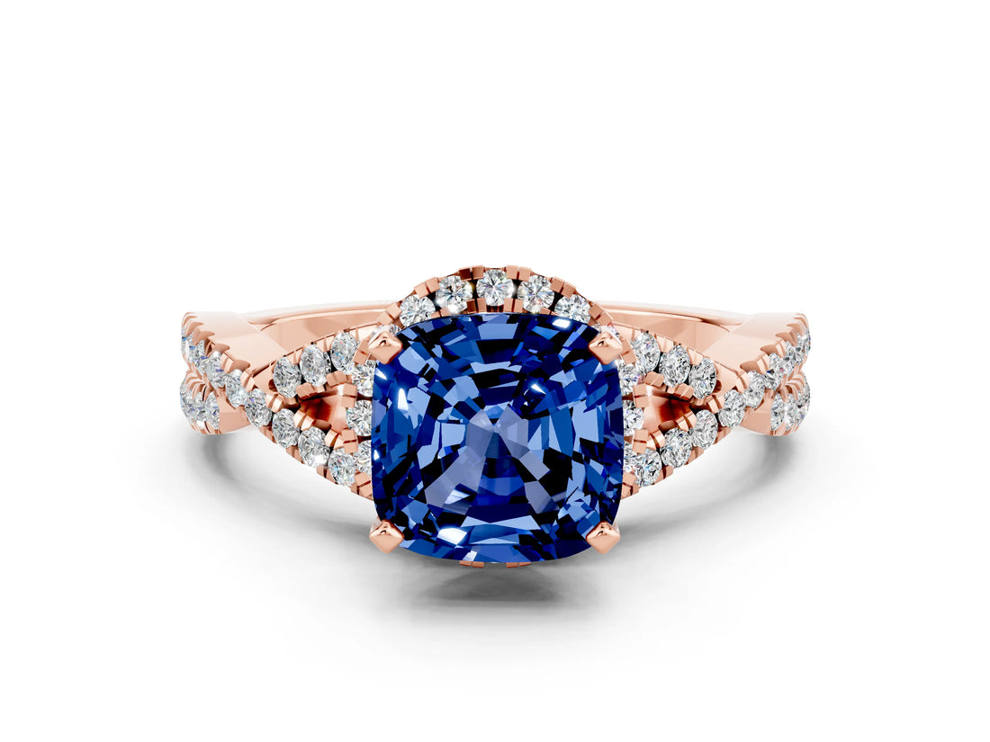 Rose gold Cushion Cut Blue Sapphire  Halo Twist Band Solitaire Prong Setting Ring_42