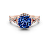 Rose gold Cushion Cut Blue Sapphire  Halo Twist Band Solitaire Prong Setting Ring_42