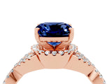 Rose gold Cushion Cut Blue Sapphire  Halo Twist Band Solitaire Prong Setting Ring_46