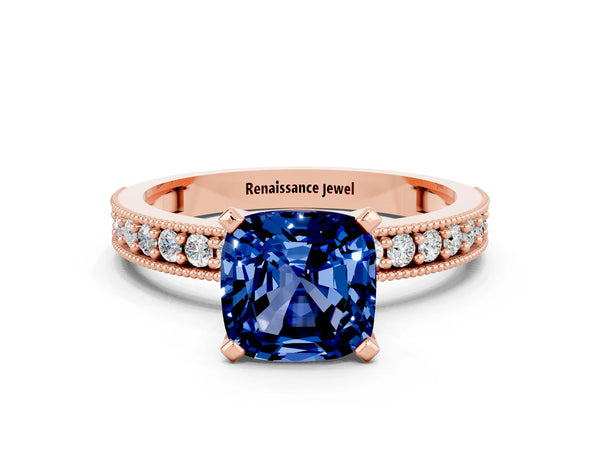 Rose gold Cushion Cut Blue Sapphire Milgrain Pavé Engagement Ring with Four-Prong Setting