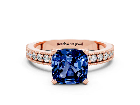 Rose gold Cushion Cut Blue Sapphire Milgrain Pavé Engagement Ring with Four-Prong Setting_12
