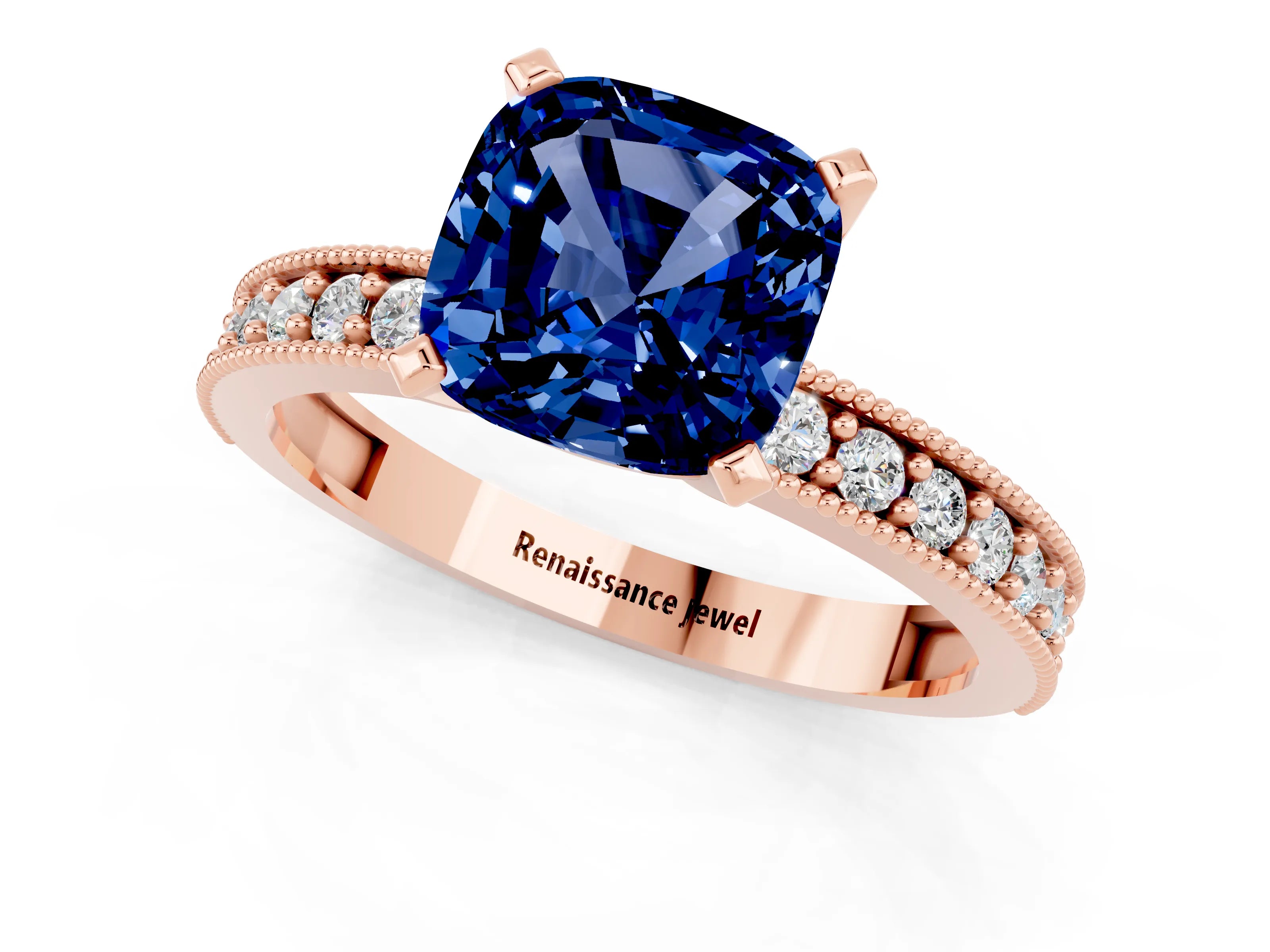 Rose gold Cushion Cut Blue Sapphire Milgrain Pavé Engagement Ring with Four-Prong Setting_13