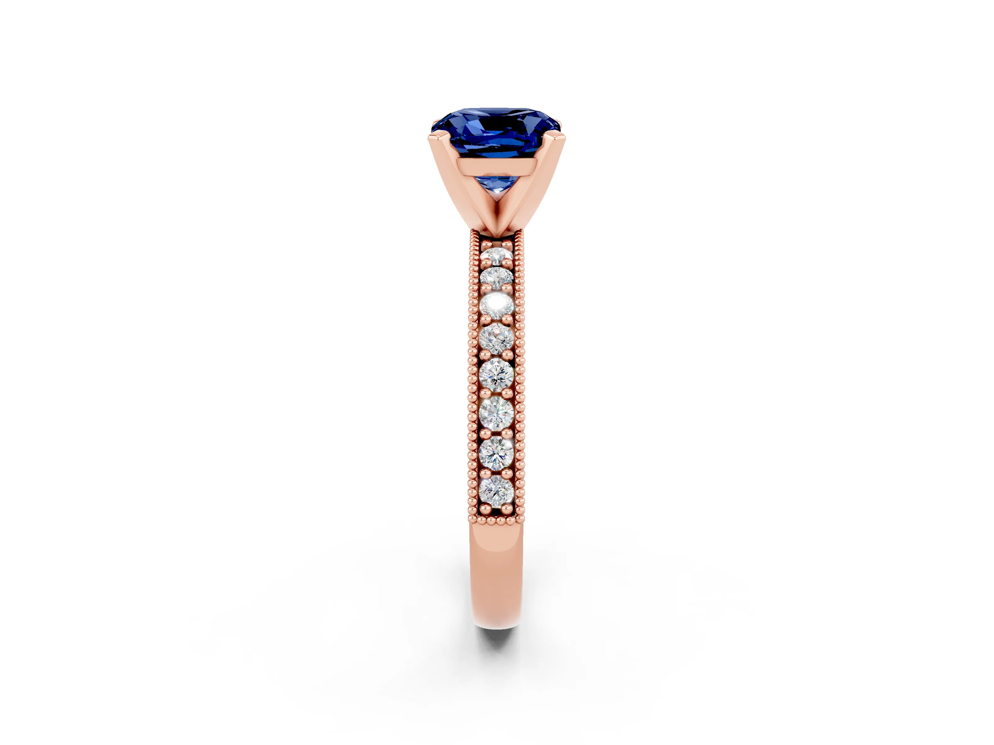 Rose gold Cushion Cut Blue Sapphire Milgrain Pavé Engagement Ring with Four-Prong Setting_14