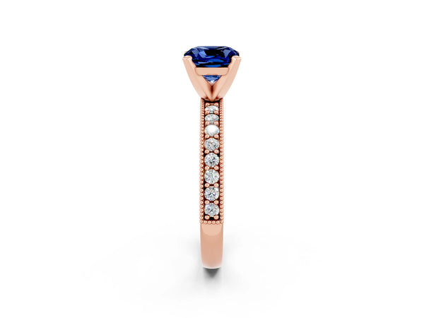 Rose gold Cushion Cut Blue Sapphire Milgrain Pavé Engagement Ring with Four-Prong Setting