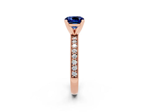 Rose gold Cushion Cut Blue Sapphire Milgrain Pavé Engagement Ring with Four-Prong Setting_14